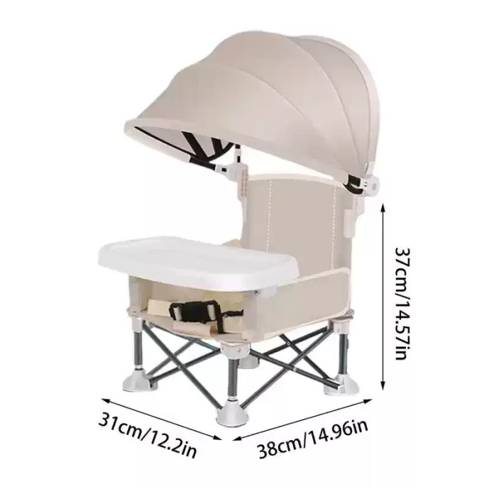 Portable baby folding chair with safety belt and alloy frame.