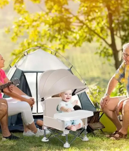 Portable baby folding chair with safety belt and alloy frame.