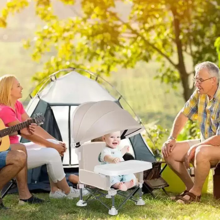 Portable baby folding chair with safety belt and alloy frame.