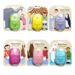 Six colorful mini paper soap packs in various fruit scents