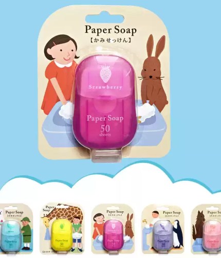 Pink strawberry paper soap pack featured above five scent options