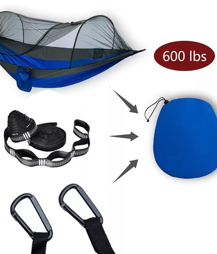 Portable camping hammock with mosquito net, accessories, and storage pouch