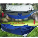Reversible camping hammock demonstrating top mesh mode and flipped mode