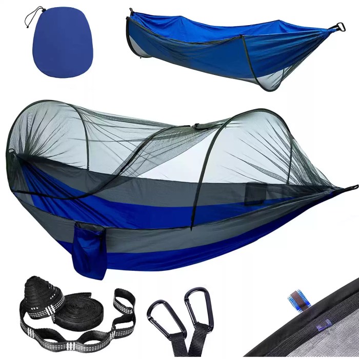 Blue camping hammock with mosquito net, tree straps, and carabiners