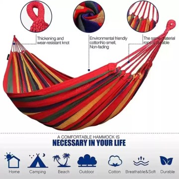Durable striped cotton hammock with strong knots, breathable fabric and outdoor use icons
