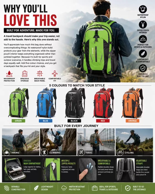 Lightweight waterproof nylon sports backpack available in five colors.