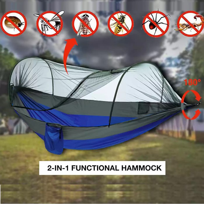 Two people relaxing inside the spacious pop-up portable hammock.