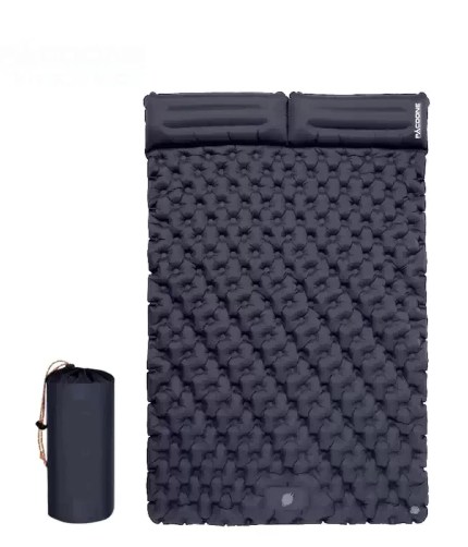 Double inflatable camping mattress extra wide sleeping pad shown inside a car for travel.