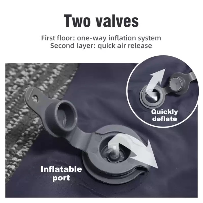 Double inflatable mattress deflated and rolled into a compact travel bag for easy outdoor transport.
