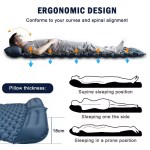 Ergonomic pillow and cushion design on a blue double camping mattress.