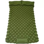 Double sleeping pad for camping fully inflated inside a spacious green tent.