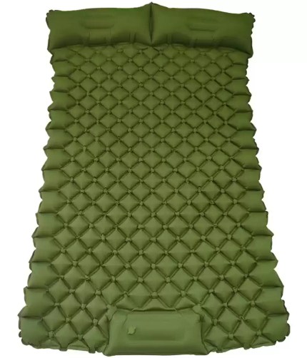 Double sleeping pad for camping fully inflated inside a spacious green tent.