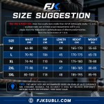 FJK Camping Gear size guide for athletic shorts, featuring waist, hip, and length measurements for Asian sizes M to 3XL.