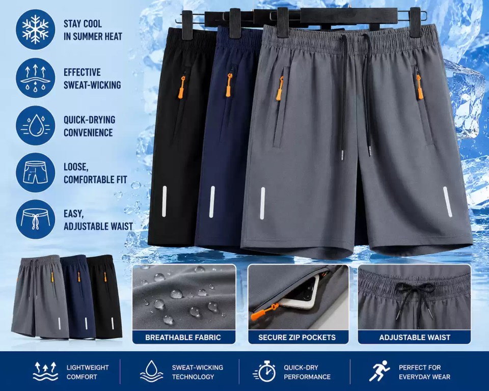 FJK Camping Gear lightweight summer shorts featuring quick-drying sweat-wicking fabric, secure zip pockets, and an adjustable drawstring waist.