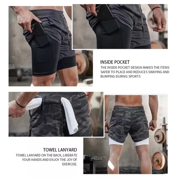 FJK Camping Gear training shorts equipped with a practical phone pocket and a convenient back towel lanyard for active use.