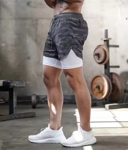 FJK Camping Gear men's two-in-one camo training shorts featuring a built-in compression liner and athletic fit for gym workouts.