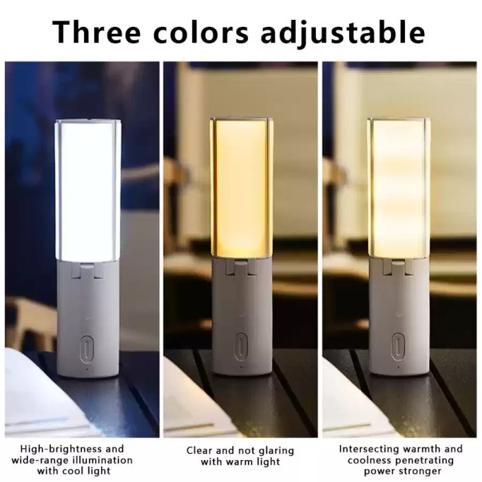 Dimmable camping light hanging inside an outdoor camping tent.