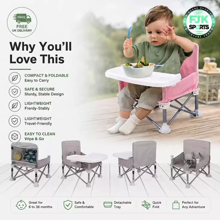 A toddler eating in a pink foldable baby dining chair, alongside grey chair feature views.
