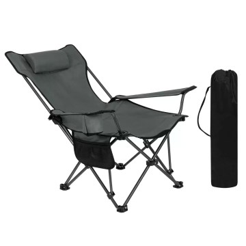 Foldable reclining camping chair with padded headrest, armrests, side storage pocket and carry bag, lightweight portable design ideal for camping, outdoor lounging and travel.