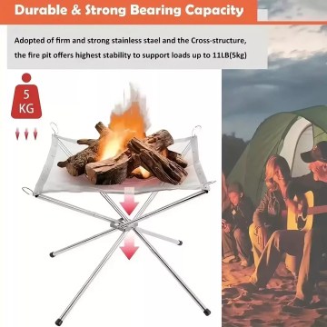 Durable folding camping fire pit with strong stainless steel frame, high load-bearing design for safe outdoor camping and bonfire use.