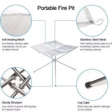 Portable camping fire pit with stainless steel mesh, sturdy frame and leg caps, lightweight outdoor fire pit for safe camping and outdoor use.