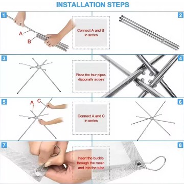Step-by-step installation of a portable camping fire pit, showing frame assembly and mesh attachment for easy outdoor setup and camping use.