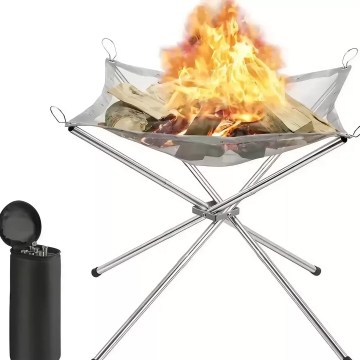 Portable folding camping fire pit with stainless steel mesh, lightweight outdoor fire pit for camping, hiking, and backyard use.