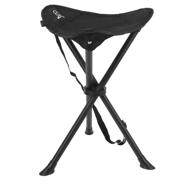 Heavy-duty folding tripod stool with black reinforced fabric.