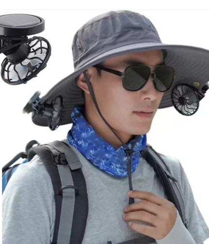 Solar powered fan for hands-free cooling during a nature hike.