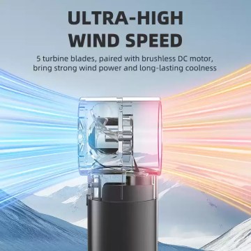 Handheld small fan standing on a desk in a dormitory room for personal summer cooling.