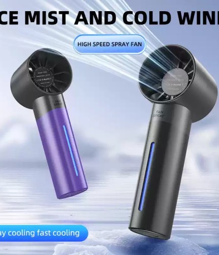 Handheld small fan with turbine spray misting technology shown in a stylish pastel blue.
