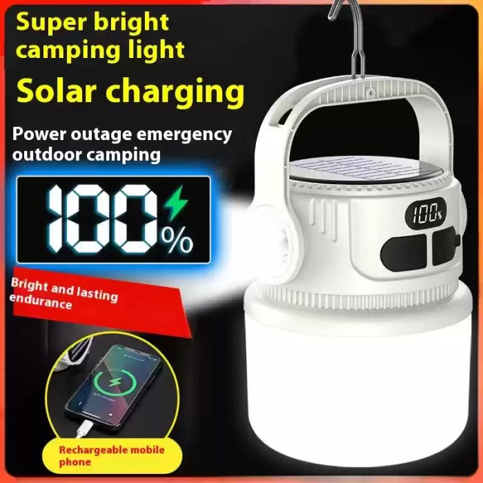 Super bright solar camping lantern with digital battery display and USB phone charging