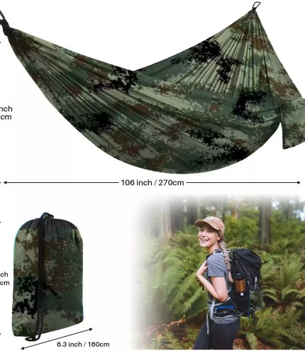 A hiker relaxing in the portable hanging bed during a mountain hiking break.