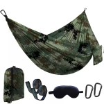 270x140cm lightweight camping hammock stretched between two trees in a sunny garden.