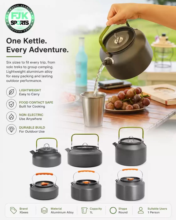 A Leaftour aluminium alloy camping kettle shown in various sizes alongside an outdoor pouring demonstration.
