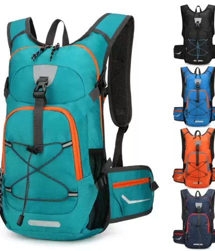 A cyclist wearing a lightweight hydration cycling backpack on a mountain trail.