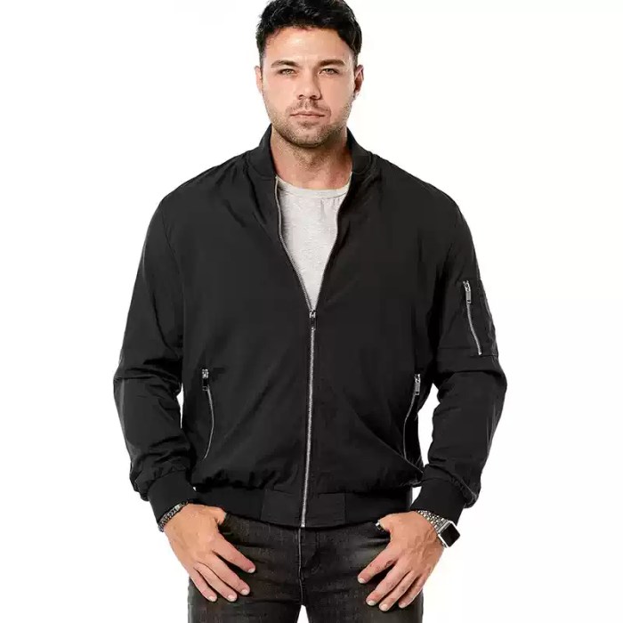 Man wearing black lightweight bomber jacket with front full zip