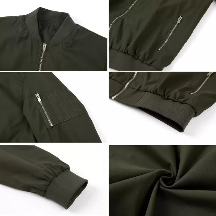 Close-up details of bomber jacket collar, cuffs, and zipper pockets.