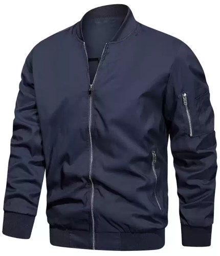 Navy blue men's lightweight bomber jacket with zipper pockets
