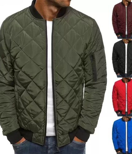 Men's olive green diamond quilted winter bomber jacket color options.