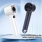 Handheld fan showing battery percentage on LED screen.