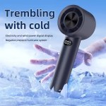 Mini handheld fan with LED display screen in white.