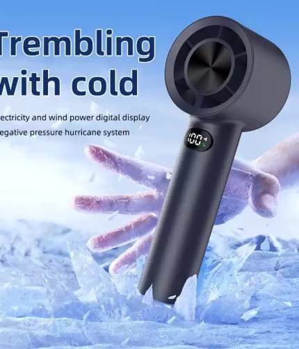 Mini handheld fan with LED display screen in white.