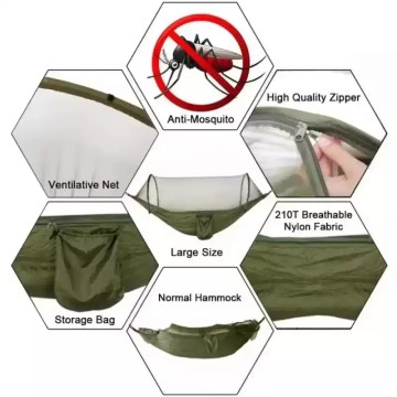The mosquito net hammock packed into its small attached travel bag.