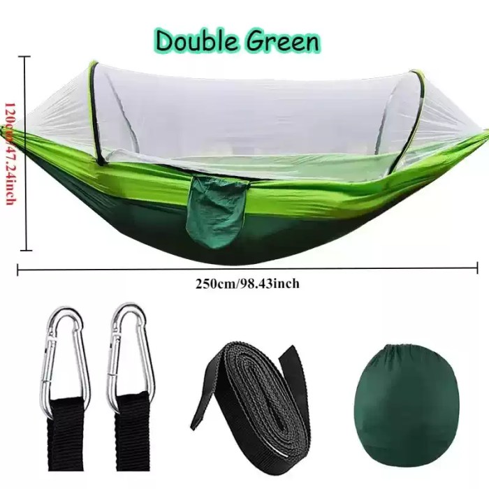 MOSQUITO NET CAMPING HAMMOCK_5 Reinforced carabiner and strap system on the protective outdoor camping hammock.