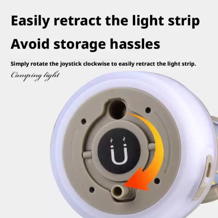 Underside of camping lamp showing magnetic base and retraction handle.