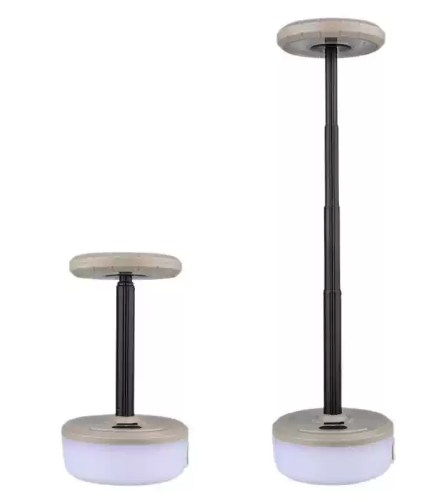 Telescopic LED camping light shown in extended and compact modes.