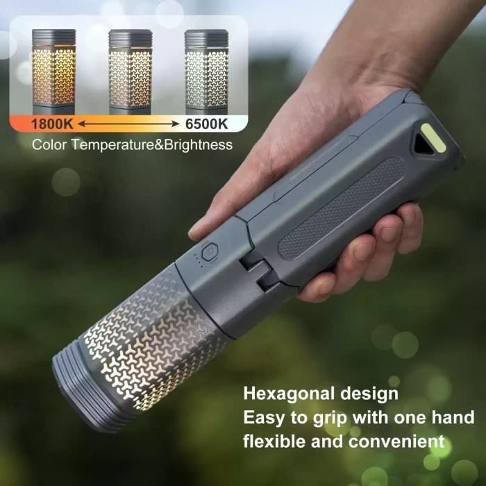 NEW TELESCOPIC COLLAPSIBLE CAMPING LANTERN_3 10500mAh flash light charging a phone at a camping site.