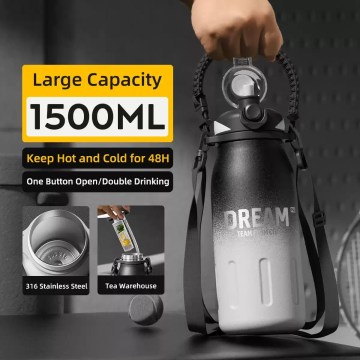 FJK Camping Gear paracord thermos standing on a wooden camp table.