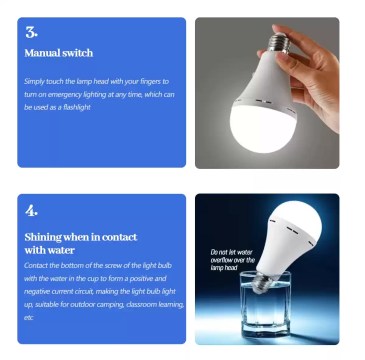 Rechargeable E27 emergency LED bulb with manual touch switch and water contact lighting feature